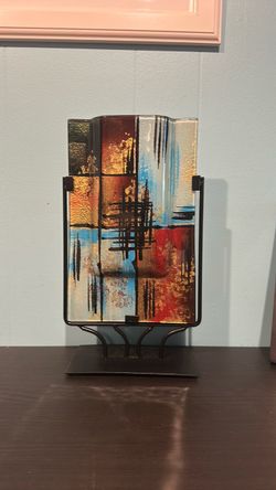 Abstract Fused Glass Art Panel on Metal Stand