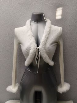 White Ribbed Knit Crop Cardigan with Faux Fur Trim