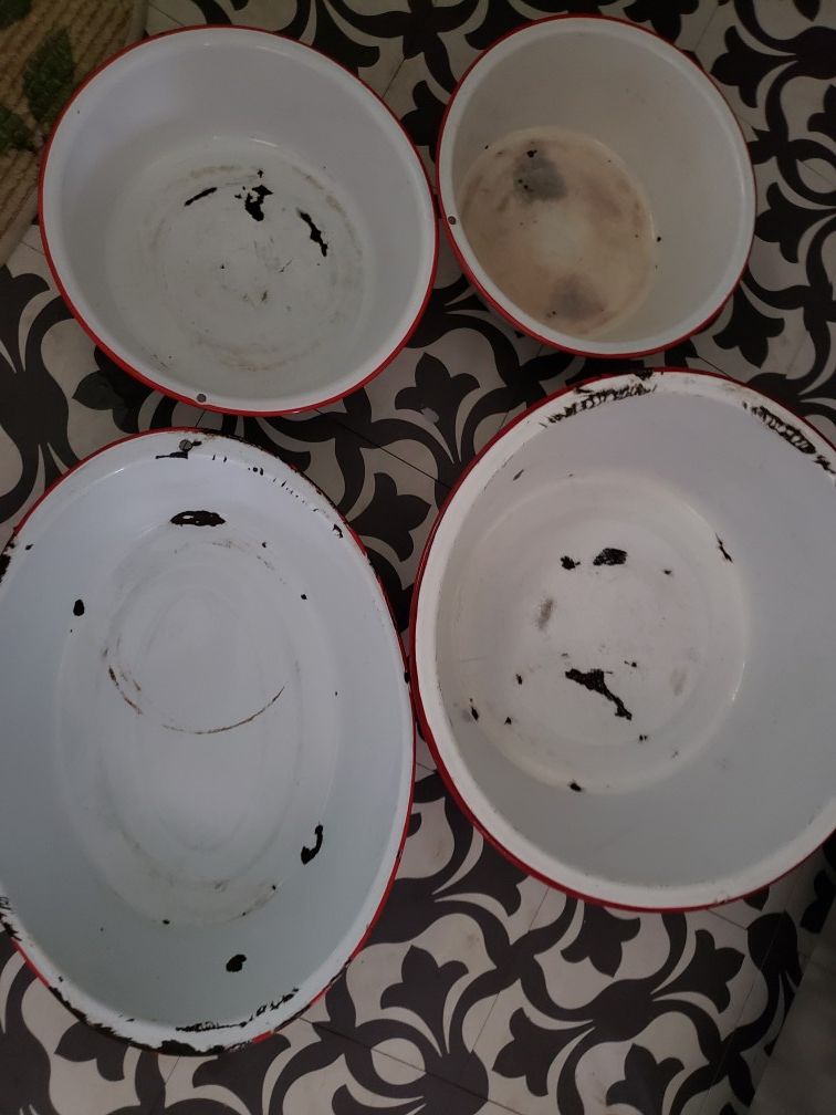 Antique enamel bowls/pans 11"-16"