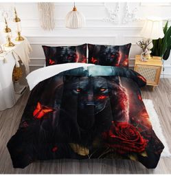 Black wolf with red eyes and red roses bedding set in queen size #wolf #gothic