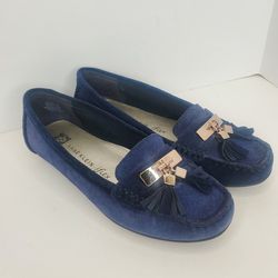 Anne Klein iflex NavyBlue Suede Moccasin Loafer Akoates Tassel Flat Shoes Size 6