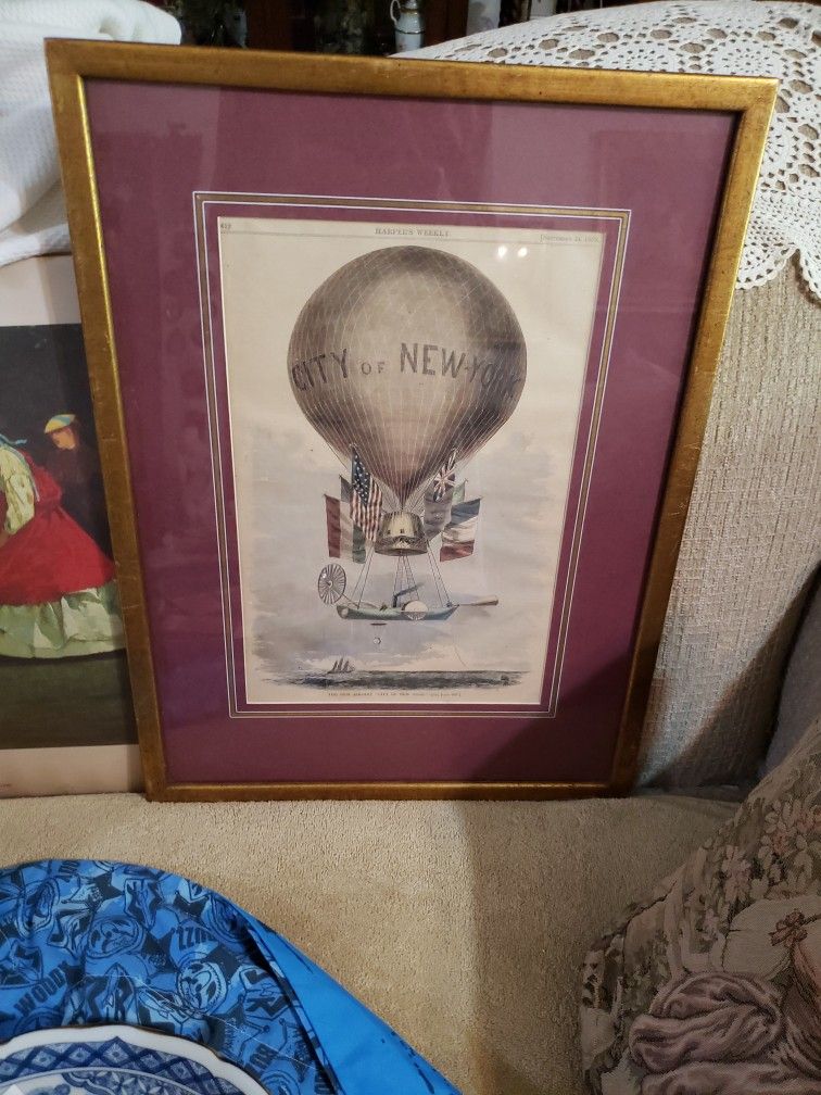 Antique wood-cut engraving titled "THE NEW AIRSHIP CITY OF NEW YORK", published in "Harper's Weekly" September 1859