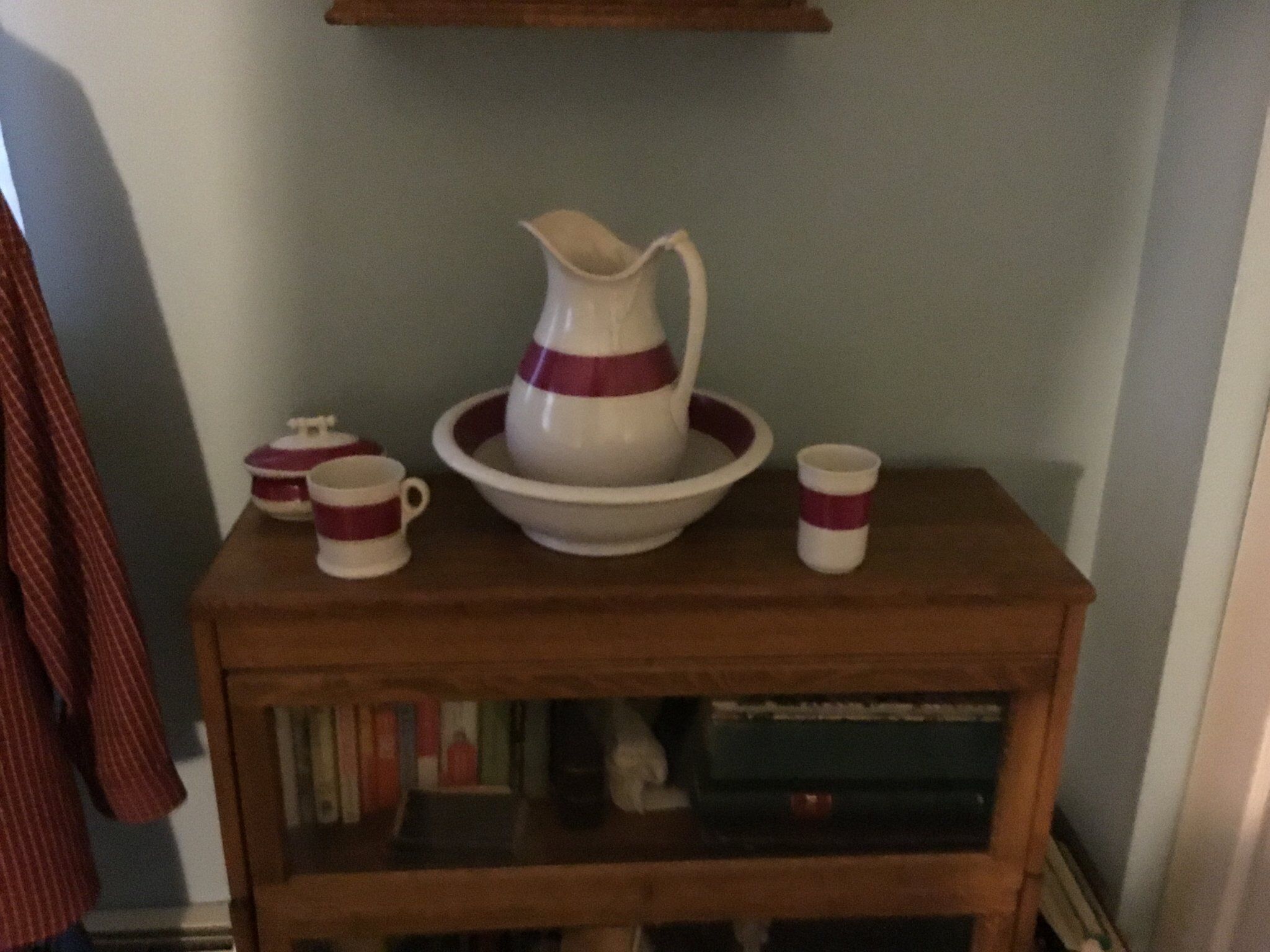 ANTIQUE WASH BASIN ,PITCHER,CUP,DRINKING CUP AND BOWL AND LID- SAME PATERN