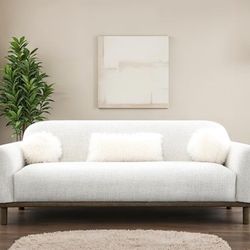 MID CENTURY MODERN SOFA OAT CHENILLE FAUX FUR COUCH