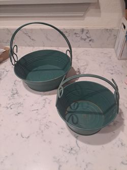 Set of 2 Teal Metal Buckets with Handles