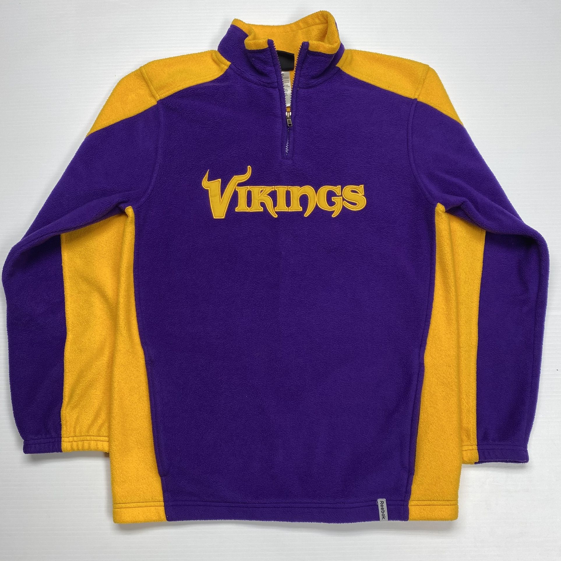 Reebok NFL Equipment Minnesota Vikings Embroidered Purple & Gold Quarter Zip Fleece Sweater Sz Youth L