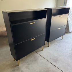 Black/Gold Shoe Cabinet with 2 Flip Drawers and Open Shelf Shoe Organizer for Entryway $65 each