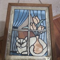 VINTAGE STAINED GLASS FRAMED WHITE CAT 11 × 14
