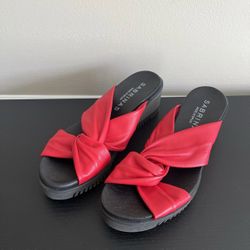 Sabrinas Womens 5.5 (36) Red Leather Sandals Wedge Slide Twist Knot Spain