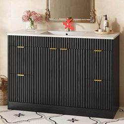 #D 48" Bathroom Vanity with Sink Modern Black Fluted Bathroom Vanity with SMC Sink with Storage Cabinet, Adjustable Shelf and 2 Soft Closing Doors & 4