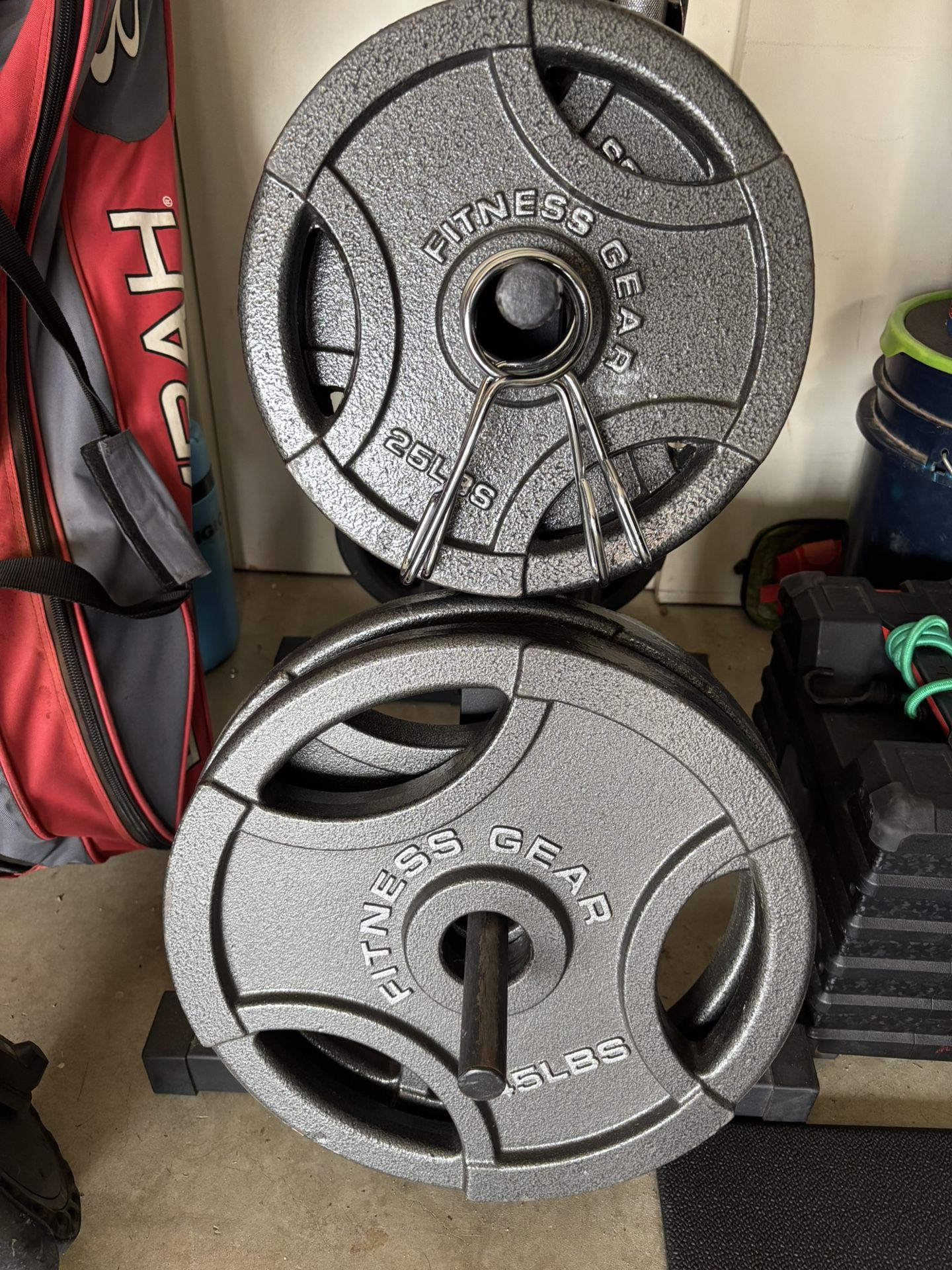 Olympic plates, Barbell, and tree