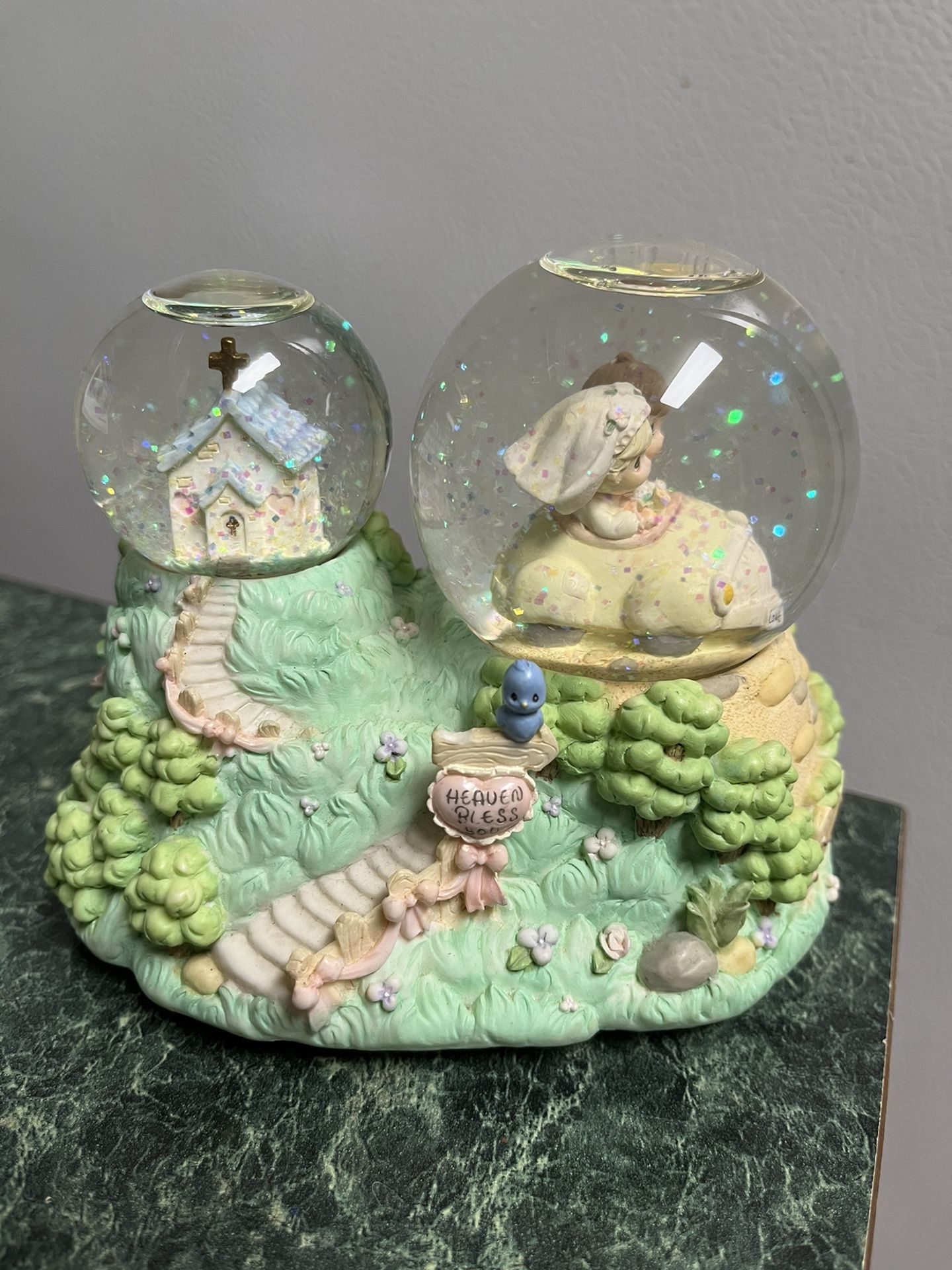 Precious Moments Enesco Porcelain Musical Double Snow Globe Music Box Bear Flowers Car Wedding Chapel Married
