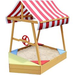 Children's Wooden Sand Box Boat with Red and White Striped Canopy, Wheel, and Bottom Liner