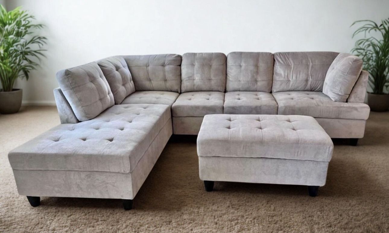 COSTCO Gray Chenille Sectional Couch And Ottoman 