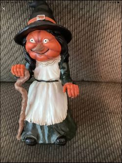 Halloween Pumpkin Head Wirch Holding Crooked Stick Cane