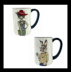 Set of 2- Hipster Animal Coffee Mugs - NEW