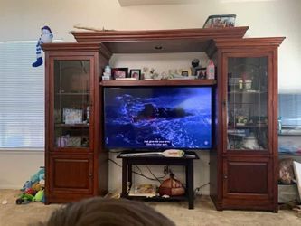 Cherry Wood Entertainment Center with Glass Cabinets