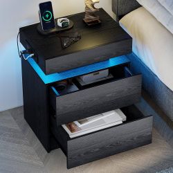 Black Nightstand Bedside Tables End Table Night Stand with Charging Station Modern with LED Light with Drawers 