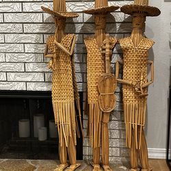 Set of 3 Handwoven Rattan/Reed Folk Art Musician Figurines – 50" Tall