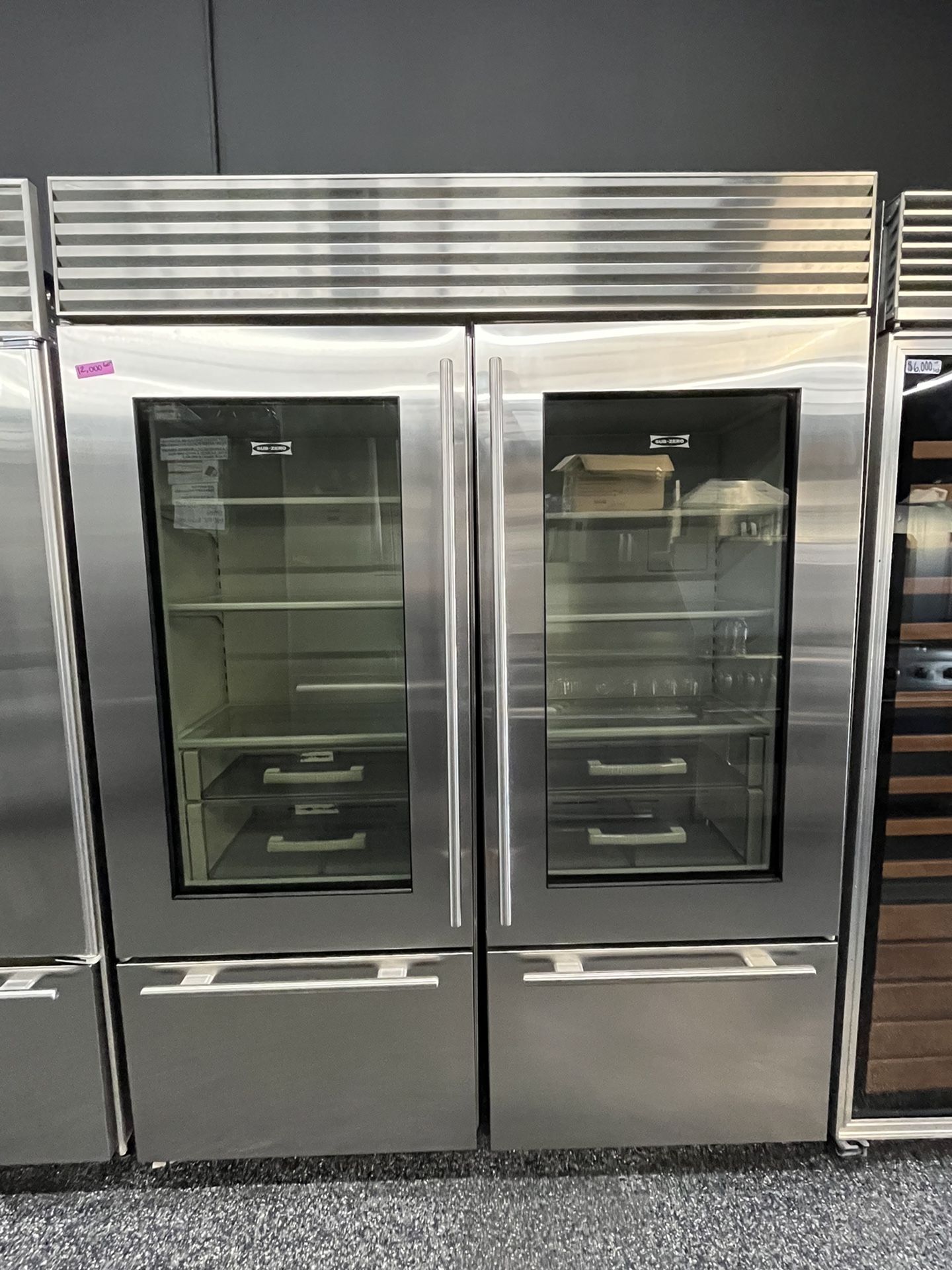 SubZero Built In Glass Door 60” Bottom Freezer Fridge Set Stainless