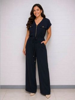 Black Short Sleeve Jumpsuit with Gold Zipper