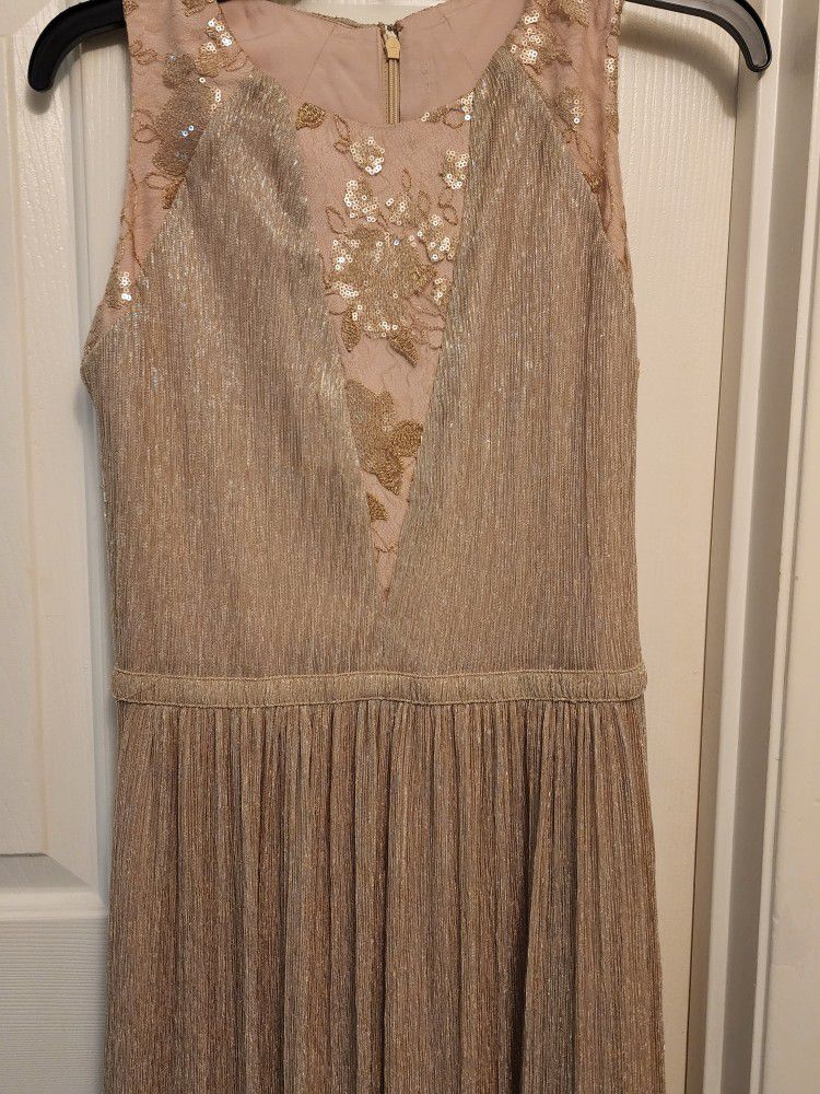 Tahari embroidered metallic/gold pleated midi dress - Size 4