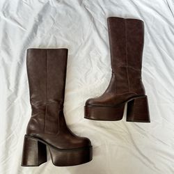 Brown Knee-High Platform Boots