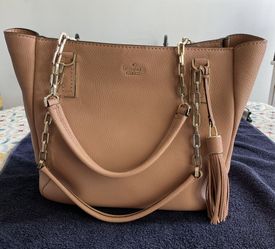 Kate Spade Tan Pebble Leather Zippered Tote With Tassel Charm