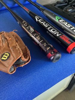 VERY NICE BASEBALL BATS! GREAT BASEBALL GLOVE AND TWO NICE BAT AND GLOVE CARRY BAGS.