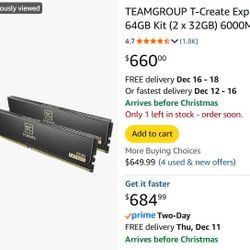DDR5 64GB TEAMGROUP T-Create Classic 10L Kit (2 x 32GB) 6000MHz (PC5-48000) CL48 Desktop Memory Module Ram, Supports Both Intel & AMD