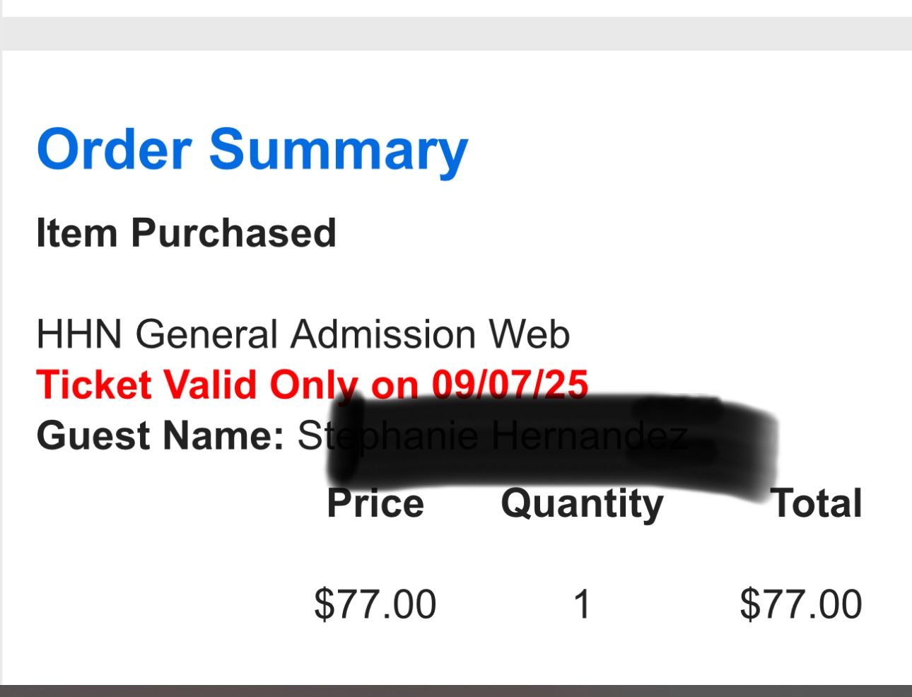 9/7/25 Universal Hollywood HH Ticket (single)