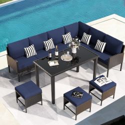 7-Piece Outdoor Furniture Set,outdoor dining table set,Waterproof Cushion,glass table,Modern blue design for backyard, patio or garden