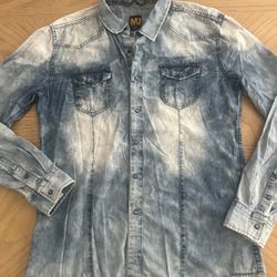 Men’s snap down long sleeve 100% cotton blue tie die size large MJ Mania jeans