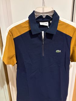 Lacoste Navy Polo with Mustard and White Shoulder Panels