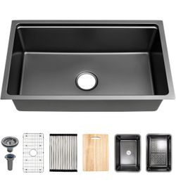 Black Kitchen Sink, 32 Inch Stainless Steel 32''×18'' ×9'' Undermount Single Bowl Workstation Black
