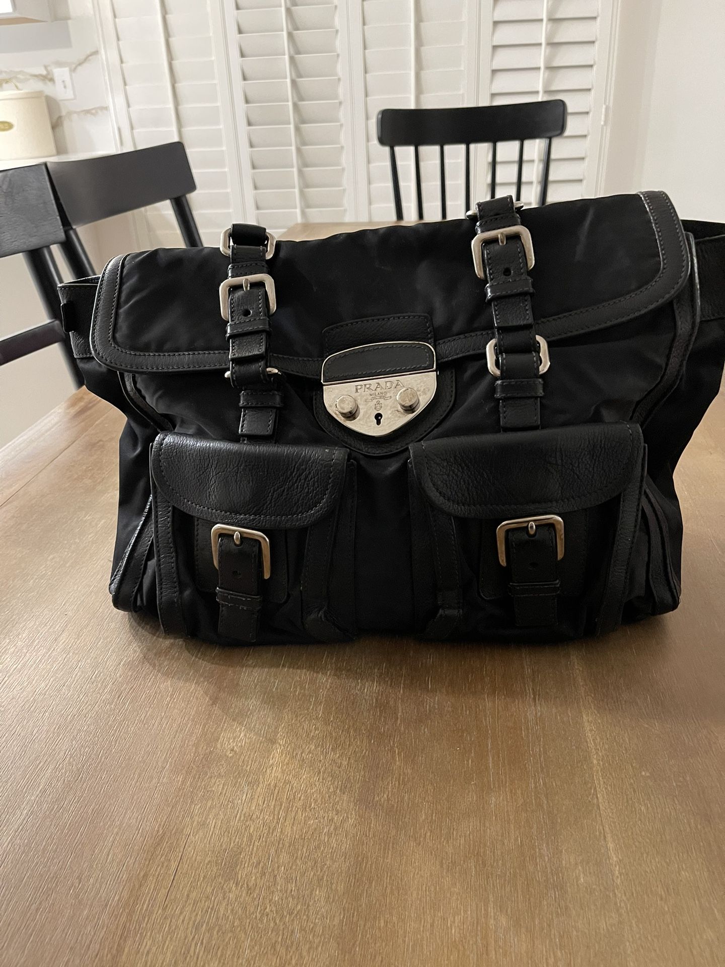 Prada Nylon and Leather Sound Leather Front Pocket Handle Bag