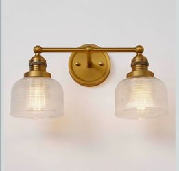 Teqinchy Double Vintage Gold Wall Sconces Antique Brass Bathroom Vanity Light with Clear Corrugated Glass Shade Indoor Hardwire