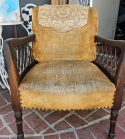 Vintage 1940s French Wood Armchair - Antique Gold Velvet - Restoration Piece