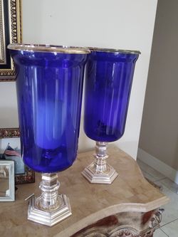 Two cobalt blue Ralph Lauren glass flower urns. 20 1/2 " high