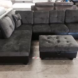 New Gray Sectional Sofa Microfiber Couch With Free Storage Ottoman And Pillows 