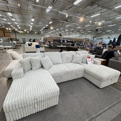 New In Box Silver Corduroy Double Sided Storage Chaise Sectional & Sofa Bed 