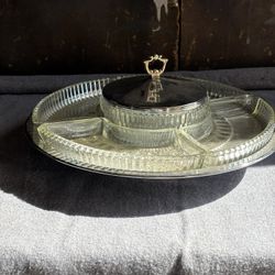 Lazy Susan 13 Inches Round With Five Glass Bowls,center One Has Cover