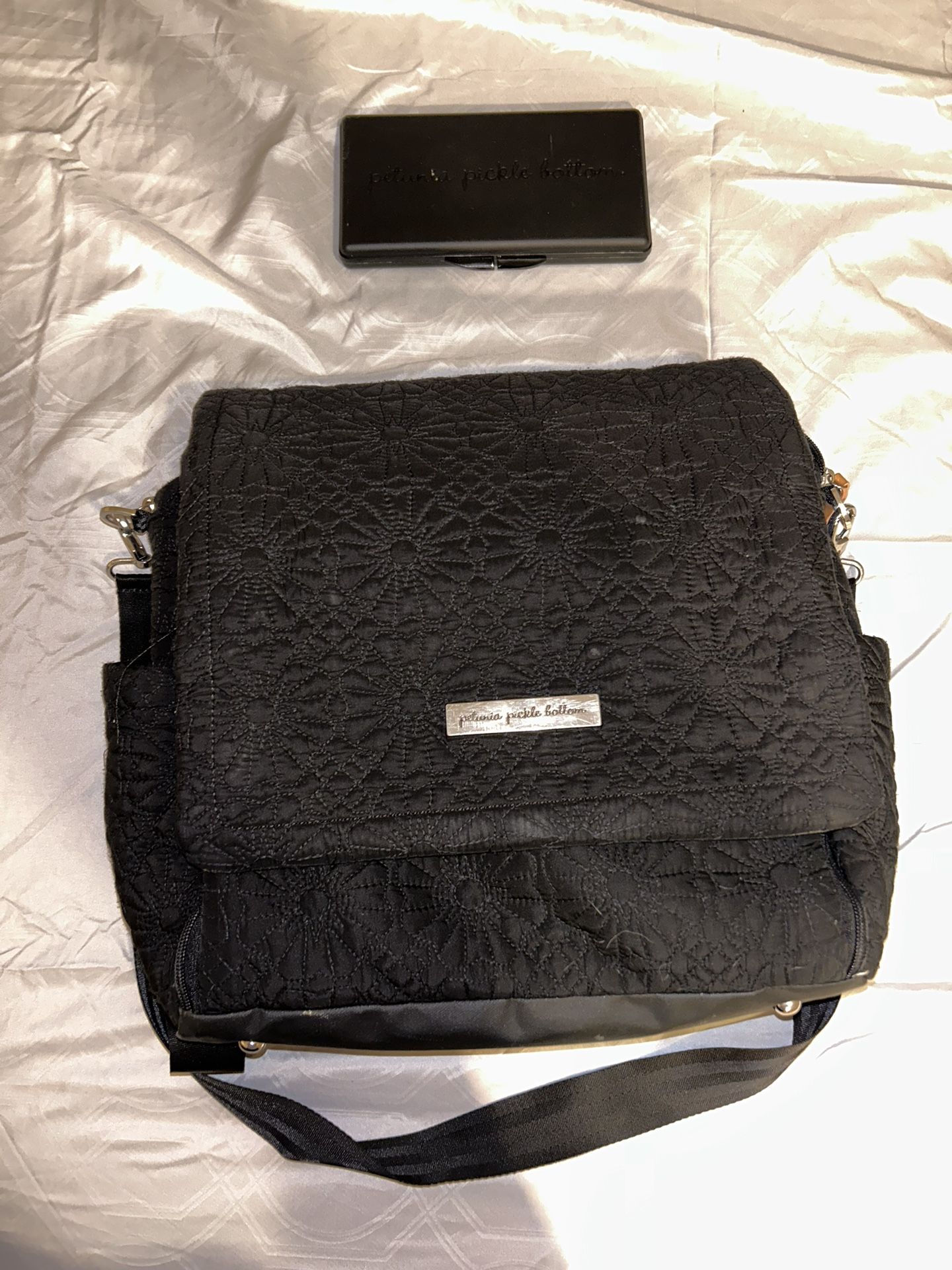 Petunia Pickle Bottom Black Embroidered Diaper Bag