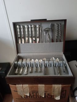 Silver Flatware Set in Wooden Storage Case