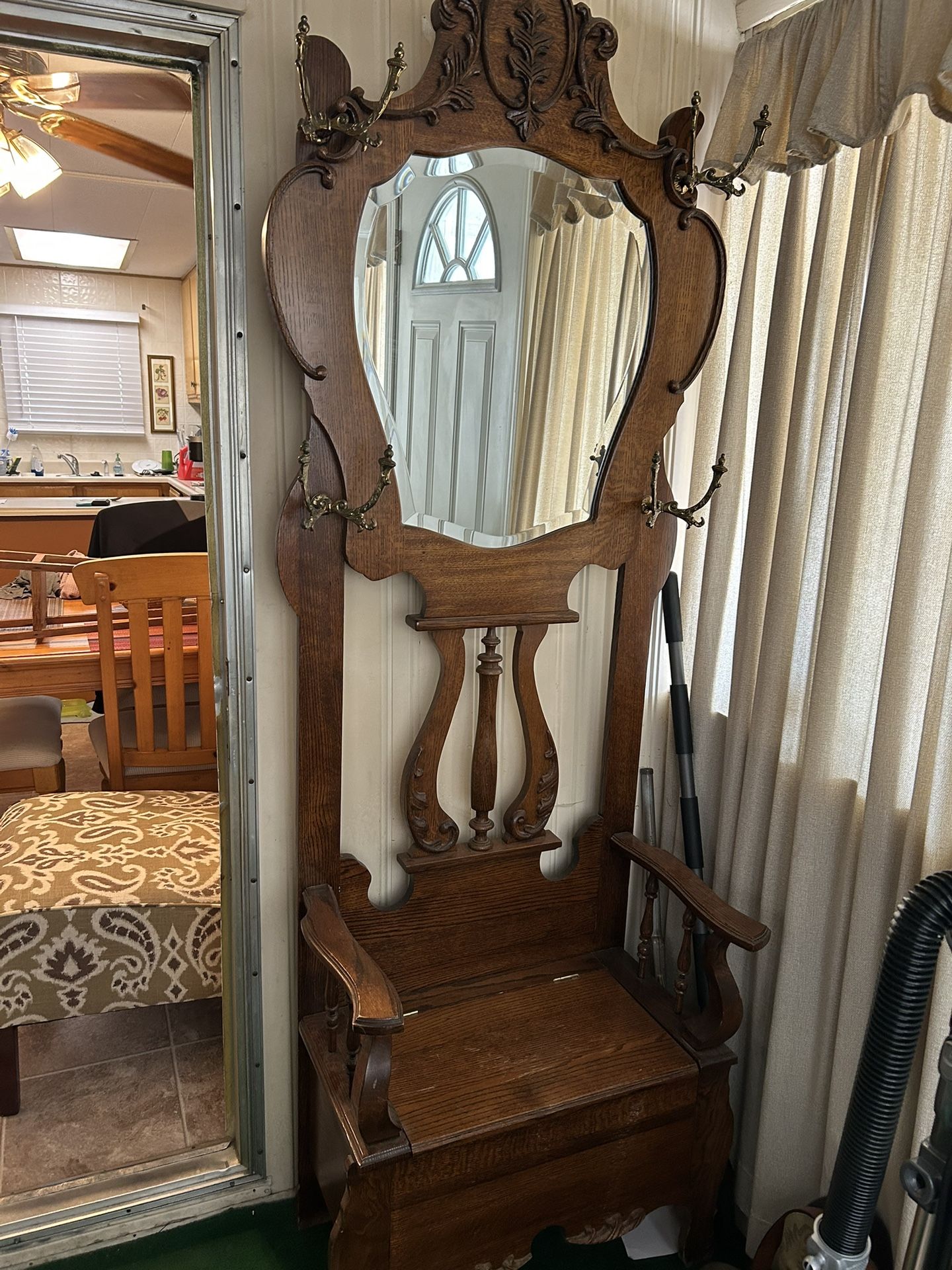 Old Wood Chair With Hat Hooks And Mirror