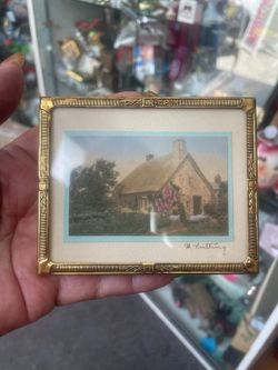 Vintage miniature brass frame wallace nutting print 3" by 4"