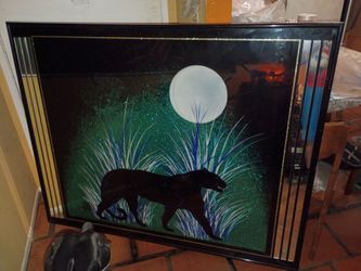 1980s Art deco revival style panther mirrored Reverse Glass paint ing