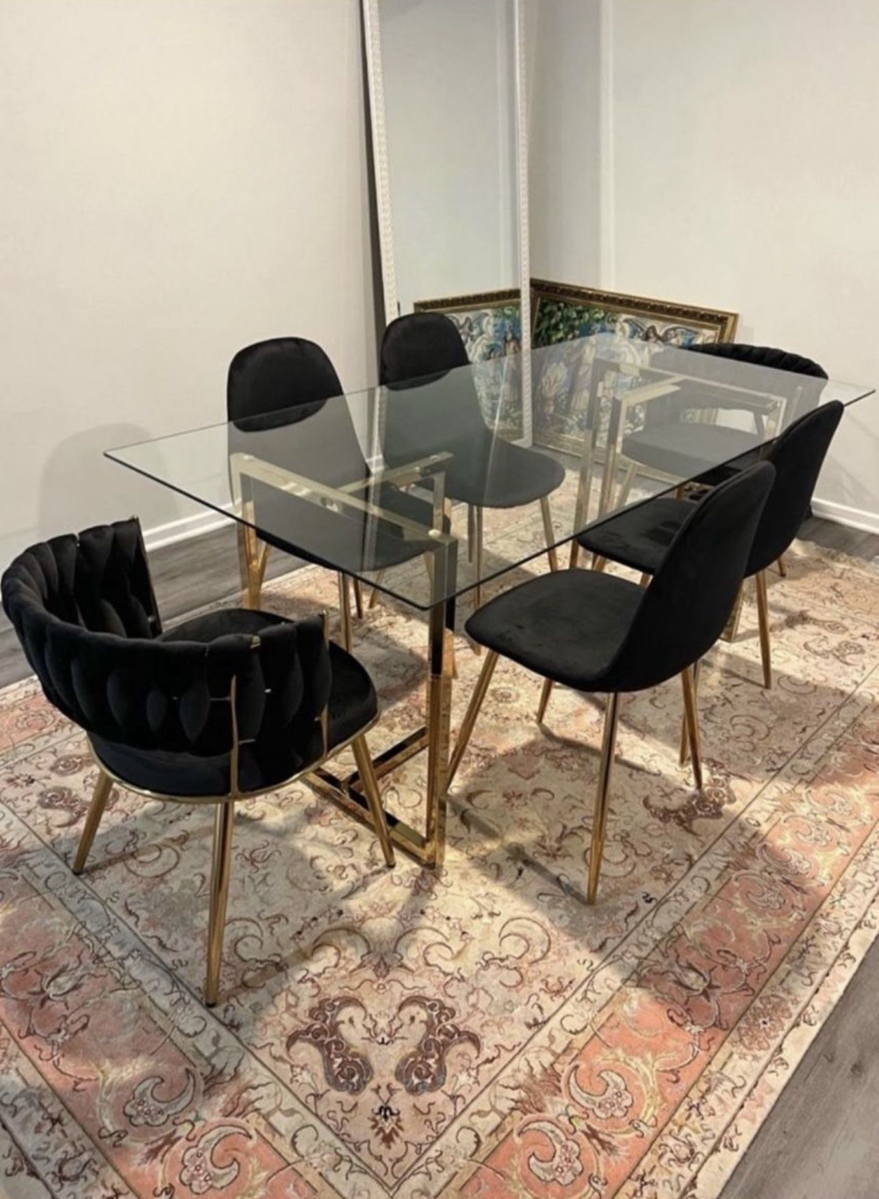 Gold Glass Dining Table Set For People With Velvet Chairs