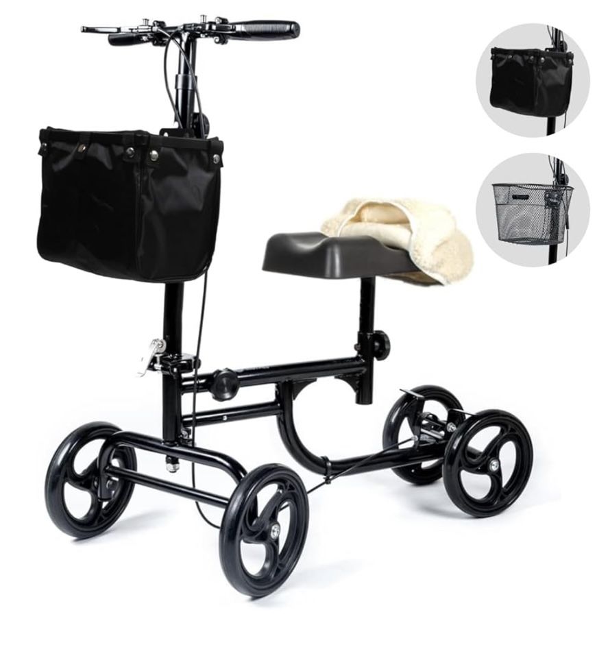 BodyMed Knee Walker for Injuries with Dual Brakes, Metal Basket & Knee Pad Cover - Collapsible and Adjustable Scooter, Broken Leg Caddy, Better Altern