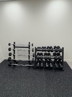 NEW in Boxes 5-50 lbs Dumbbell Set with Rack + 20-60 lbs Curl Bar Set with Rack, Home Gym Equipment